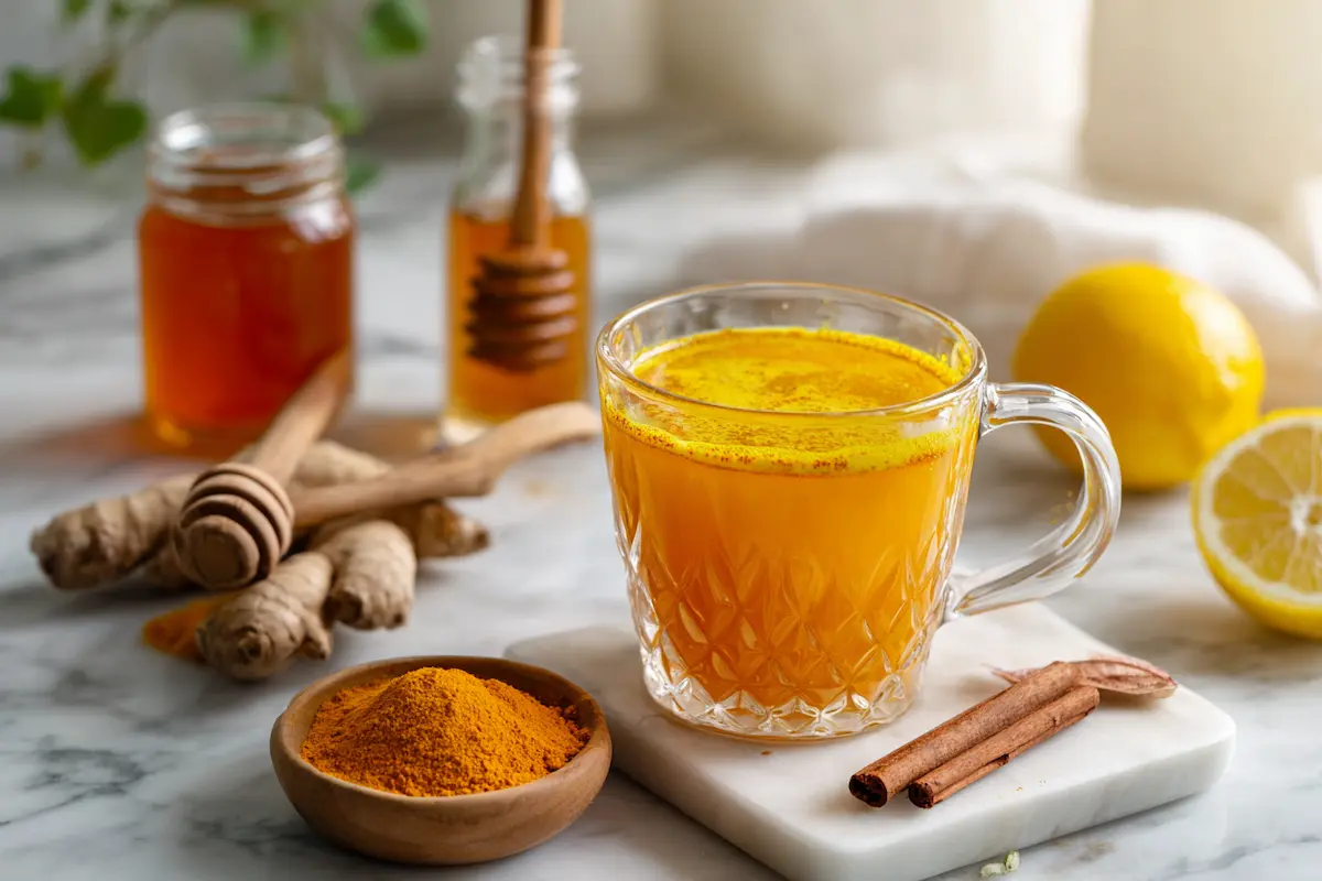 morning tonic benefits golden turmeric drink with fresh ingredients on white marble countertop in natural sunlight