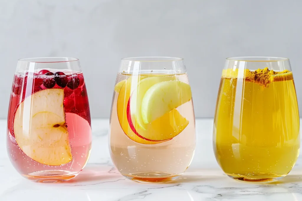 Three gelatin recipe variations with apple cider vinegar, cranberry juice, and turmeric