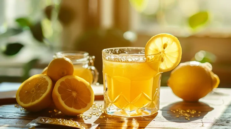 Jillian Michaels gelatin recipe in clear glass with lemon slice and honey on wooden table