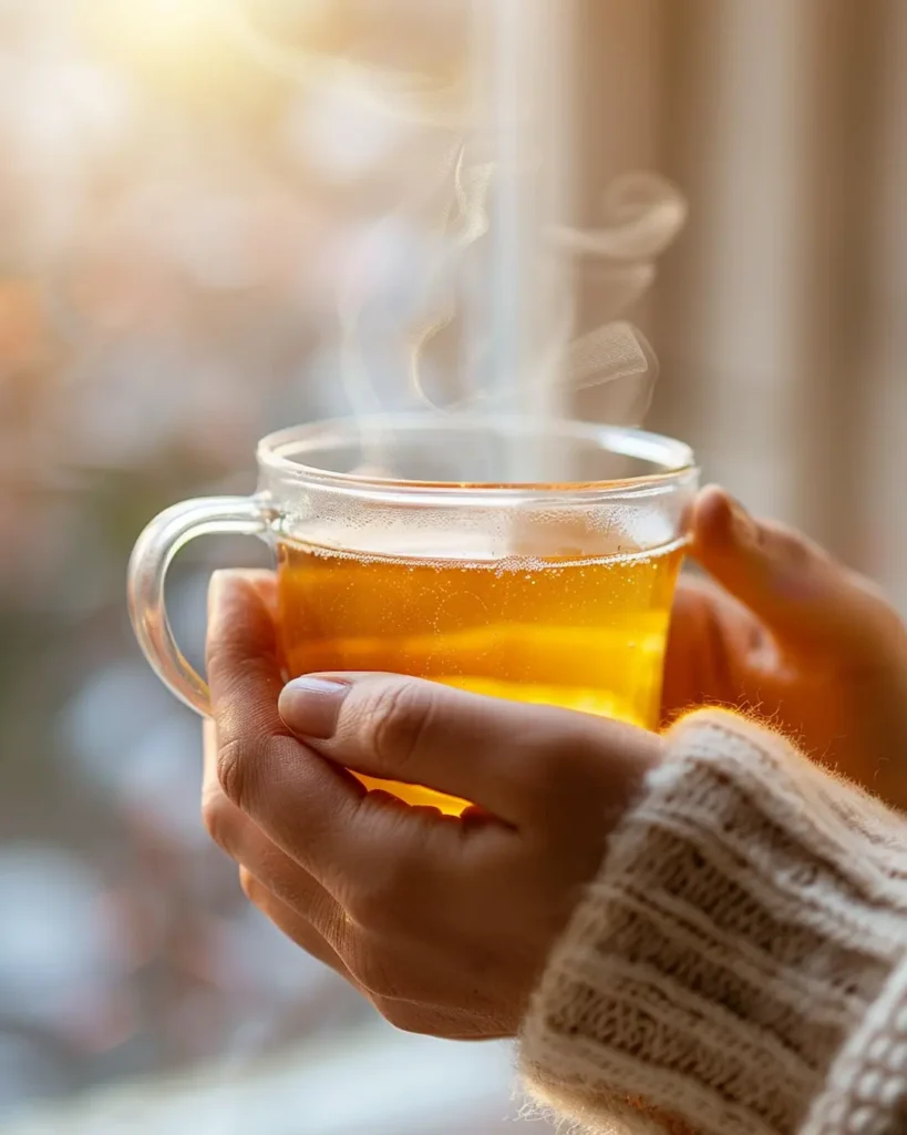 Warm gelatin protein drink in glass mug ready to drink before breakfast for weight loss