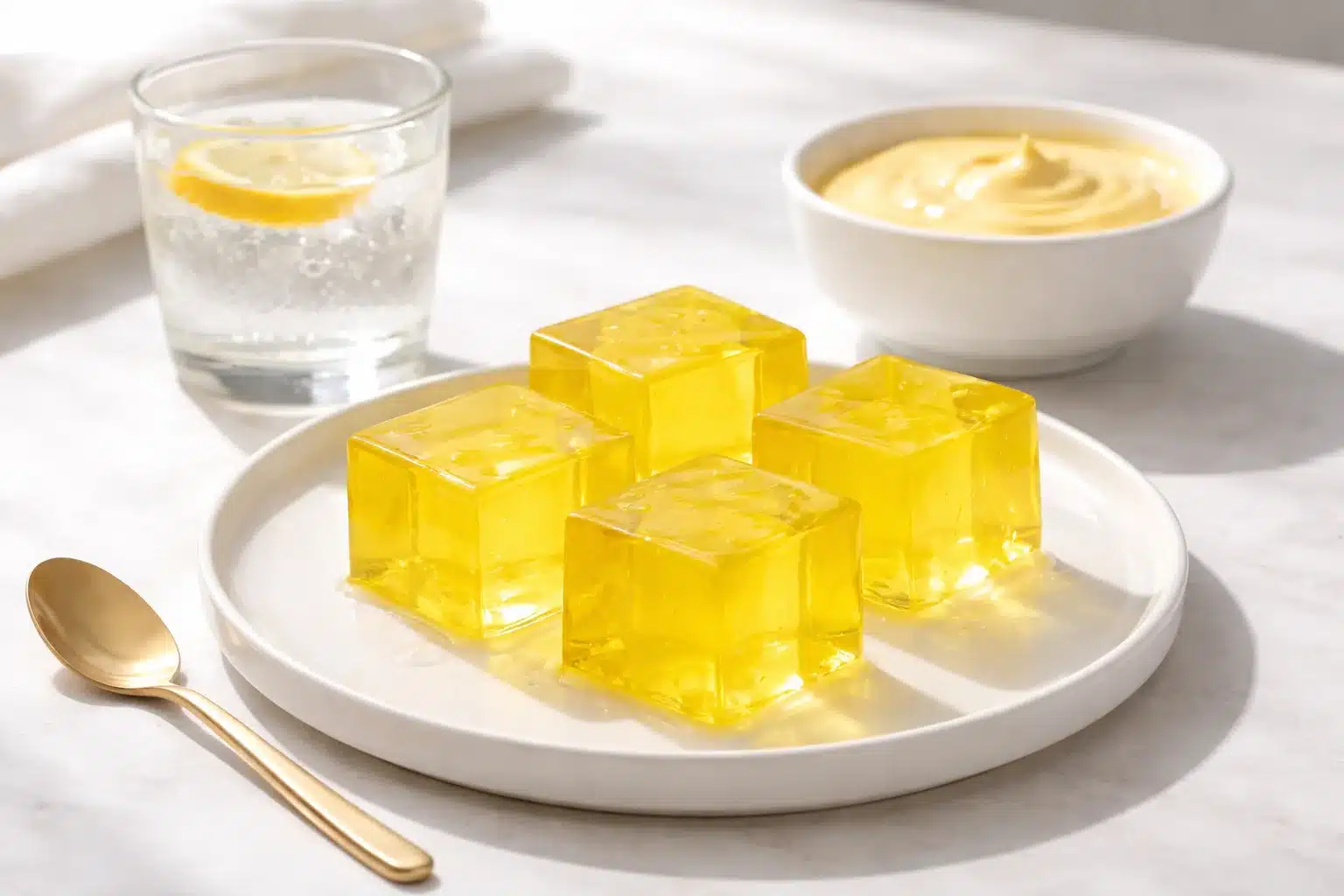 Gelatin Drink Recipe for Weight Loss — Lemon Ginger Sparkle gelatin drink recipe for weight loss served in a tall glass with lemon and ice