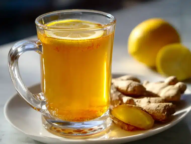 Warm asian honey protocol recipe drink in a glass mug with lemon and ginger slices