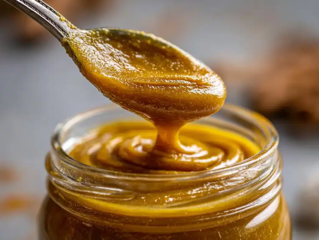 Stirring thick honey and spices into asian honey protocol recipe paste in a jar