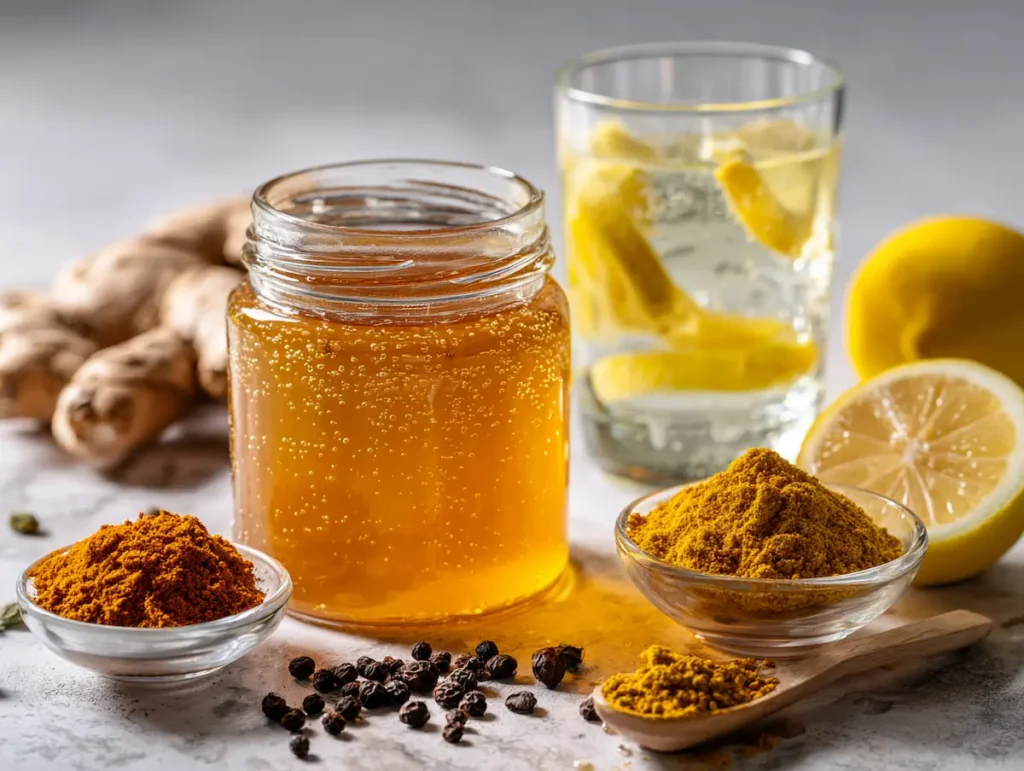 Ingredients for asian honey protocol recipe including honey, turmeric, cinnamon, lemon, and ginger