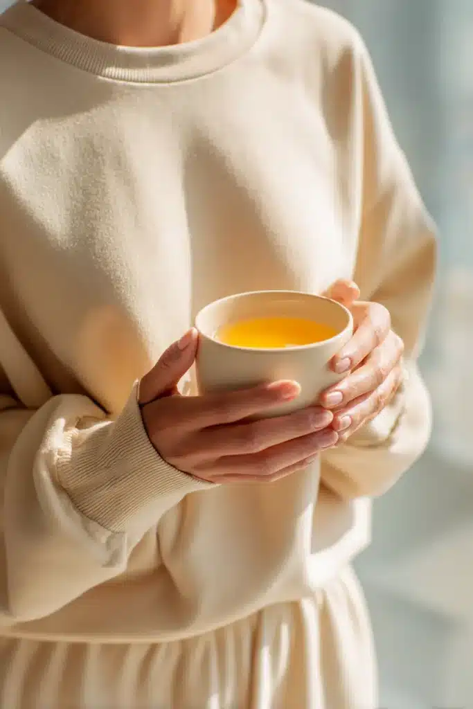 Woman holding mug of asian honey protocol recipe as part of calm morning routine