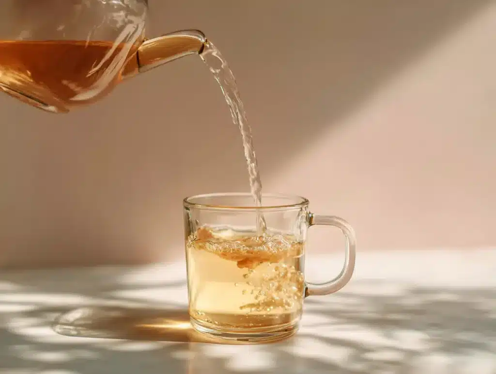 Pouring warm water into mug of asian honey protocol recipe drink