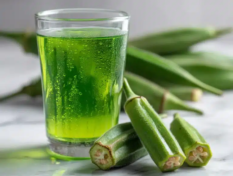 Benefits of okra water in a clear glass with fresh okra pods on white marble