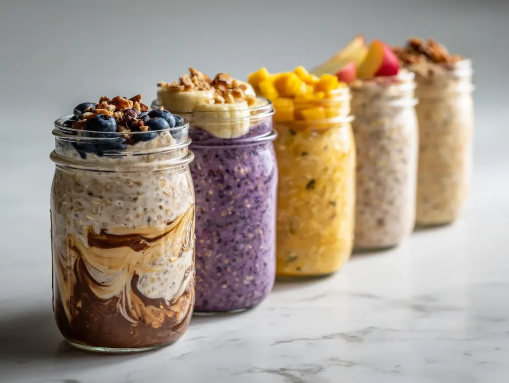five dairy free overnight oats flavor variations in mason jars showing chocolate peanut butter blueberry lemon banana almond butter mango coconut and apple cinnamon