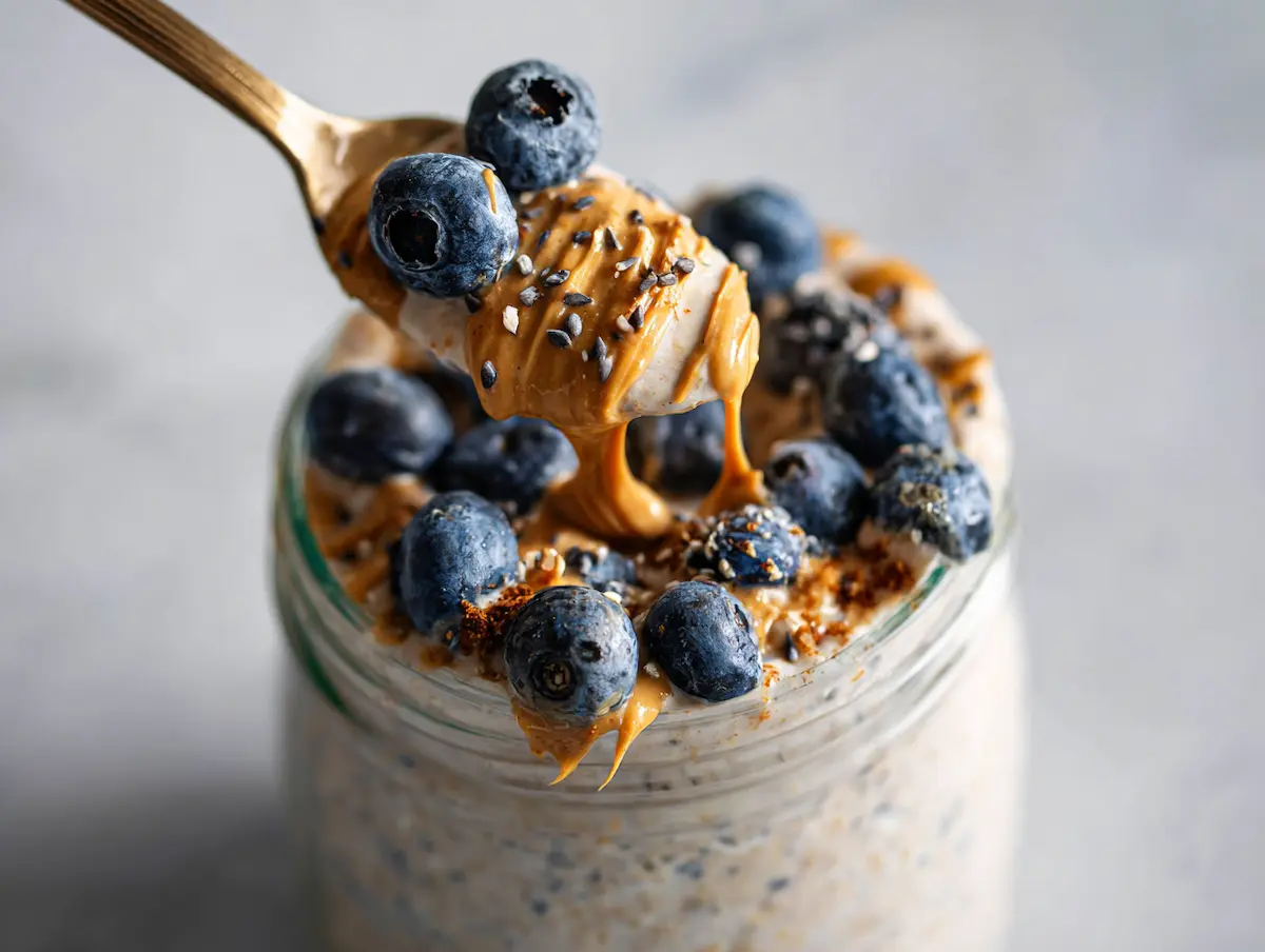 dairy free overnight oats in glass mason jar topped with fresh blueberries and almond butter drizzle on white surface