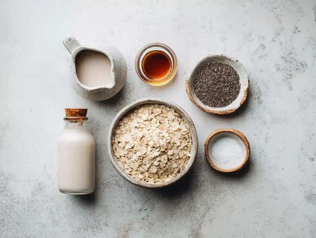 dairy free overnight oats ingredients including rolled oats chia seeds almond milk vanilla and maple syrup on grey stone surface