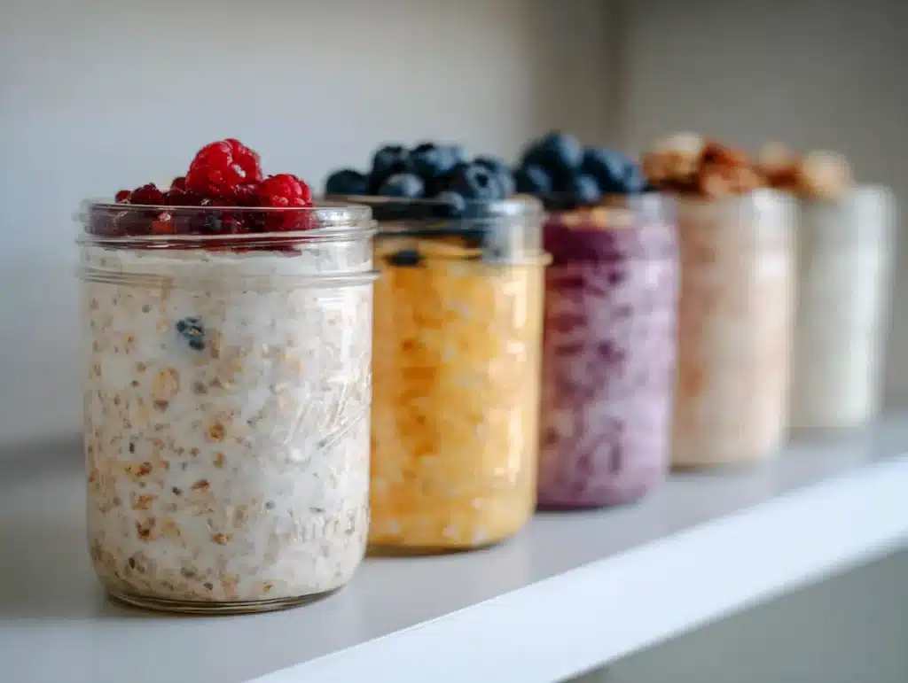 dairy free overnight oats meal prep five sealed mason jars stacked on refrigerator shelf ready for the week