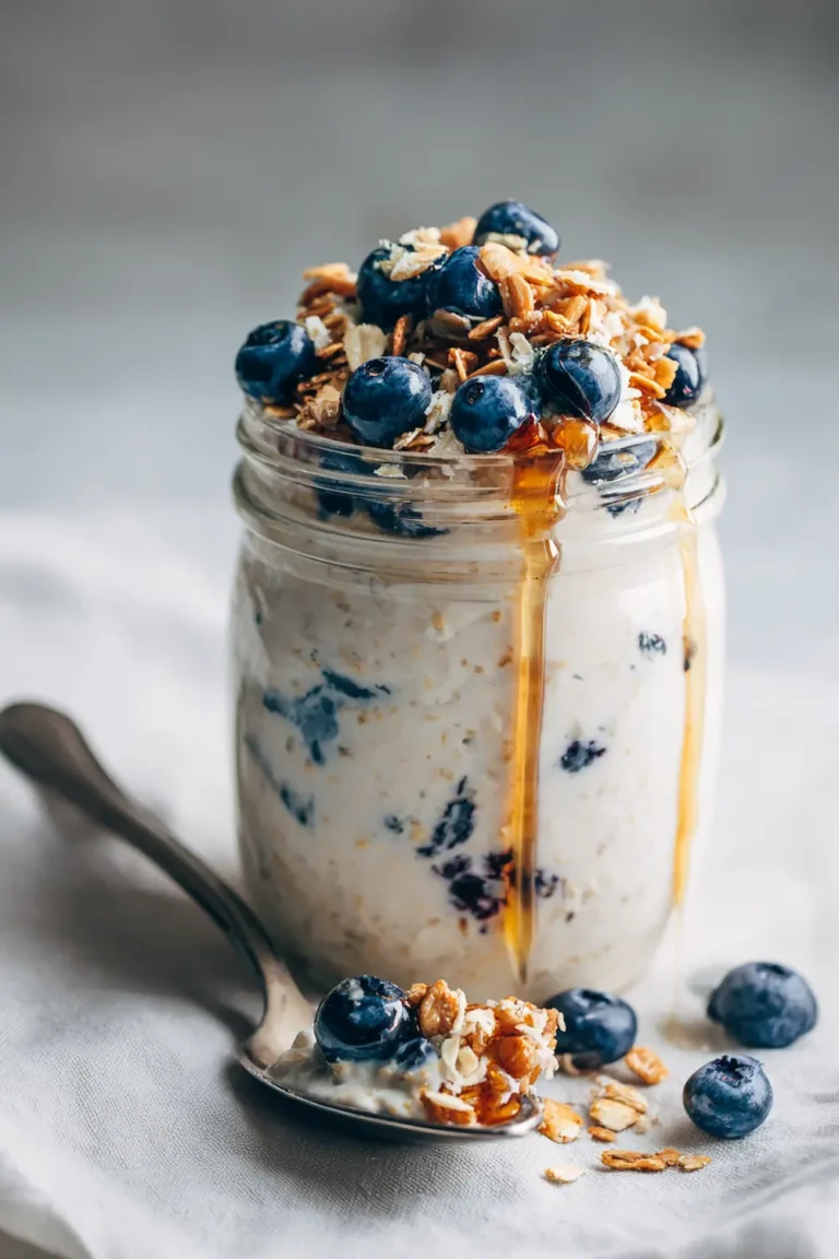 dairy free overnight oats in glass mason jar topped with blueberries granola and maple syrup drizzle for meal prep