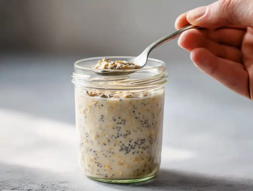 stirring dairy free overnight oats mixture in glass mason jar with long spoon before refrigerating overnight