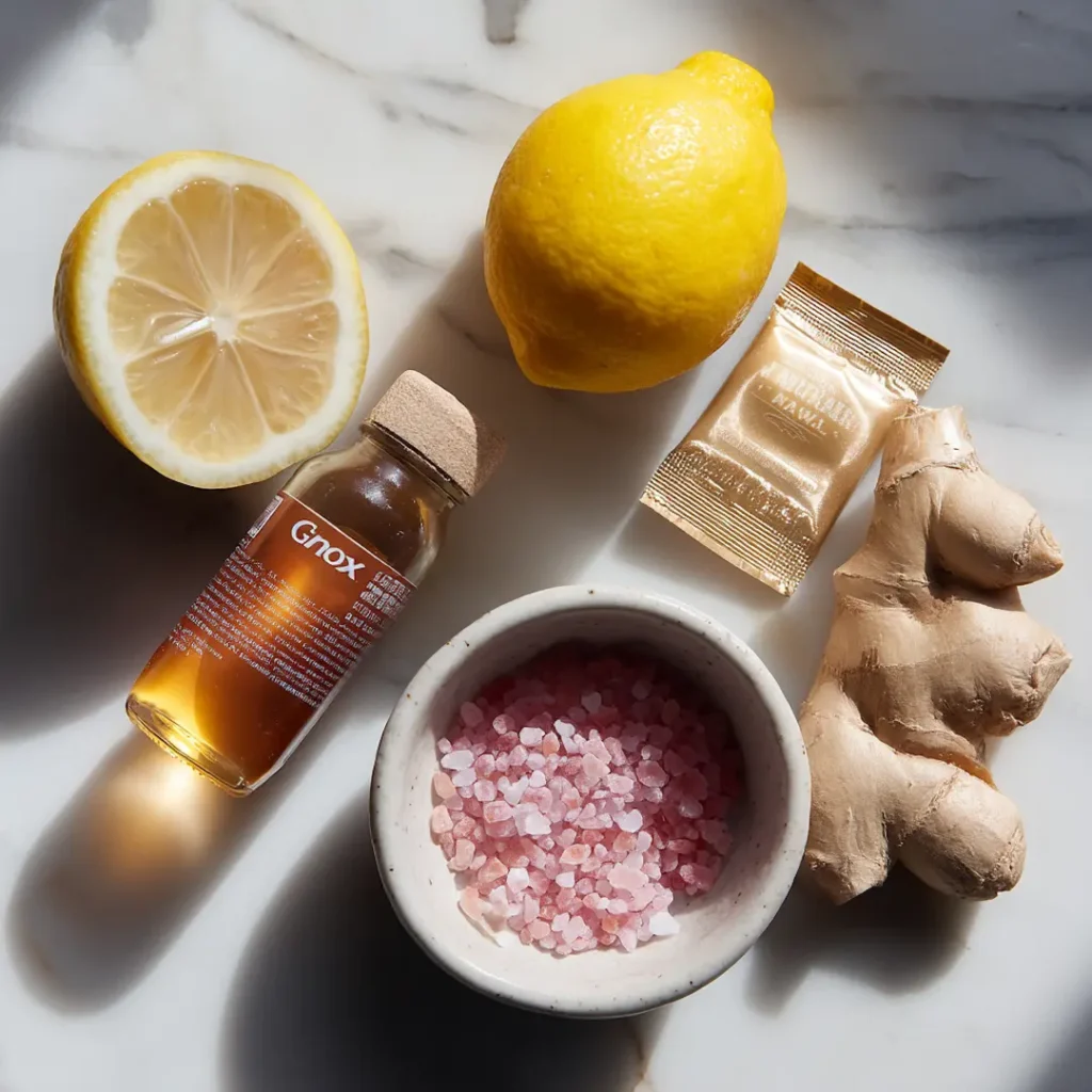 Full gelatin ozempic hack ingredients list laid out on white marble including gelatin lemon ACV and pink salt