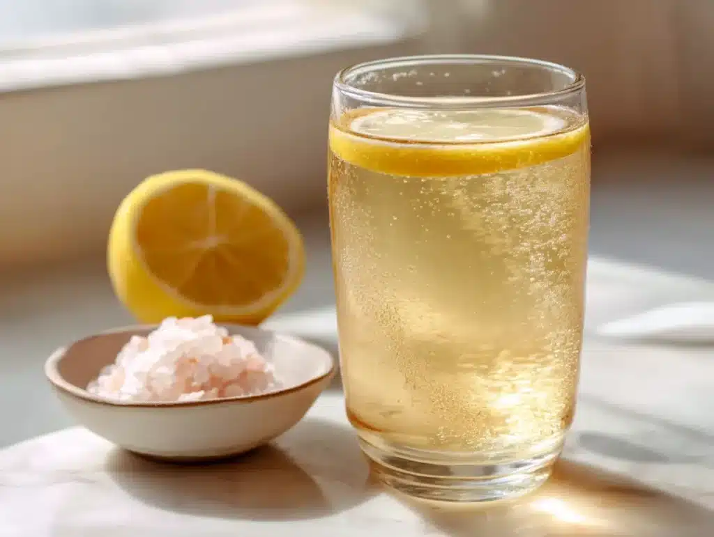 Finished gelatin ozempic recipe drink with lemon rim on white marble counter