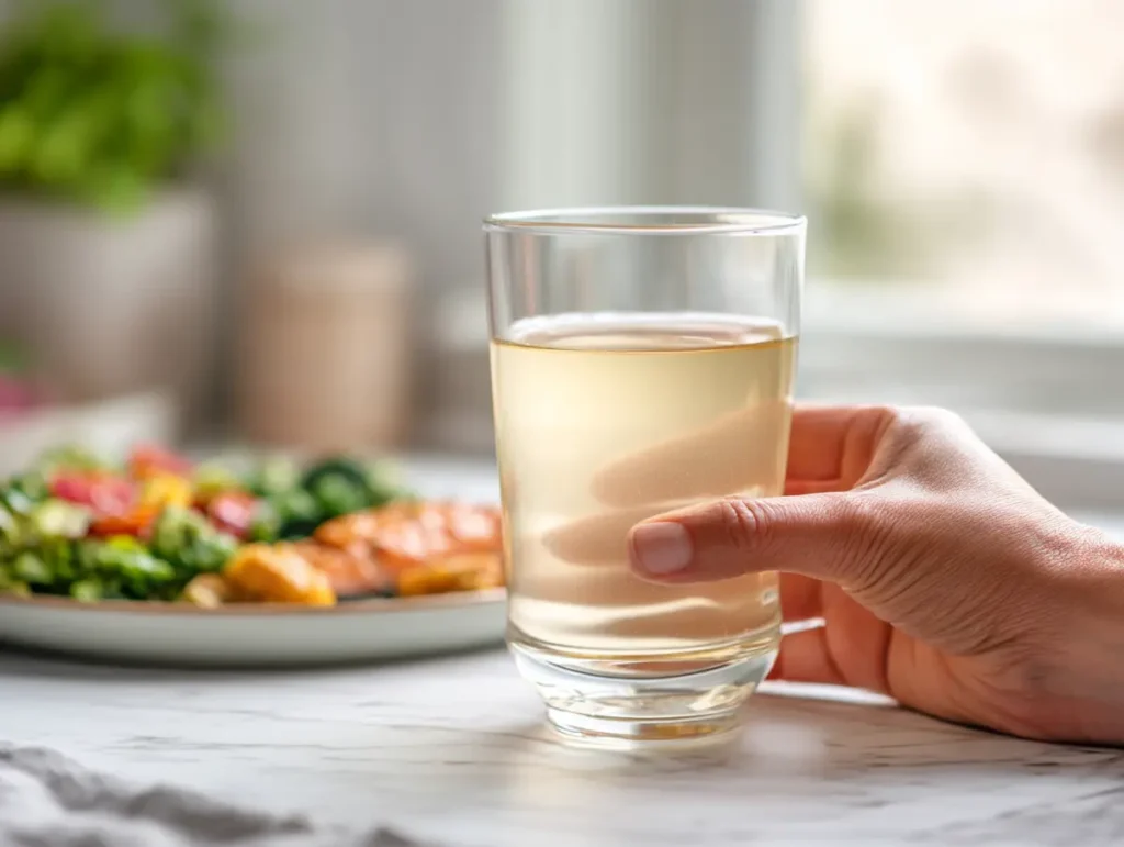 Hand lifting gelatin ozempic recipe glass before meal as daily ritual