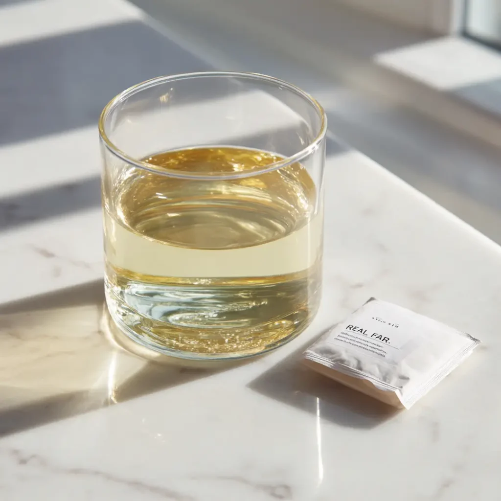 Gelatin ozempic recipe real or fake question displayed beside drink glass on white marble