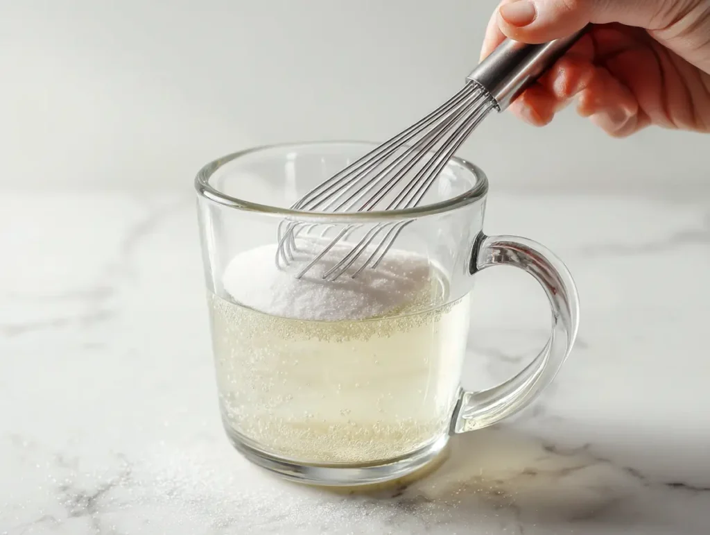 Hand whisking unflavored gelatin powder into hot water for gelatin ozempic recipe step 1