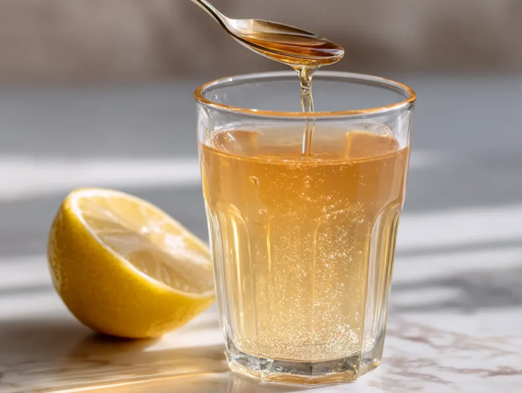 Apple cider vinegar being added to gelatin ozempic recipe drink on white marble