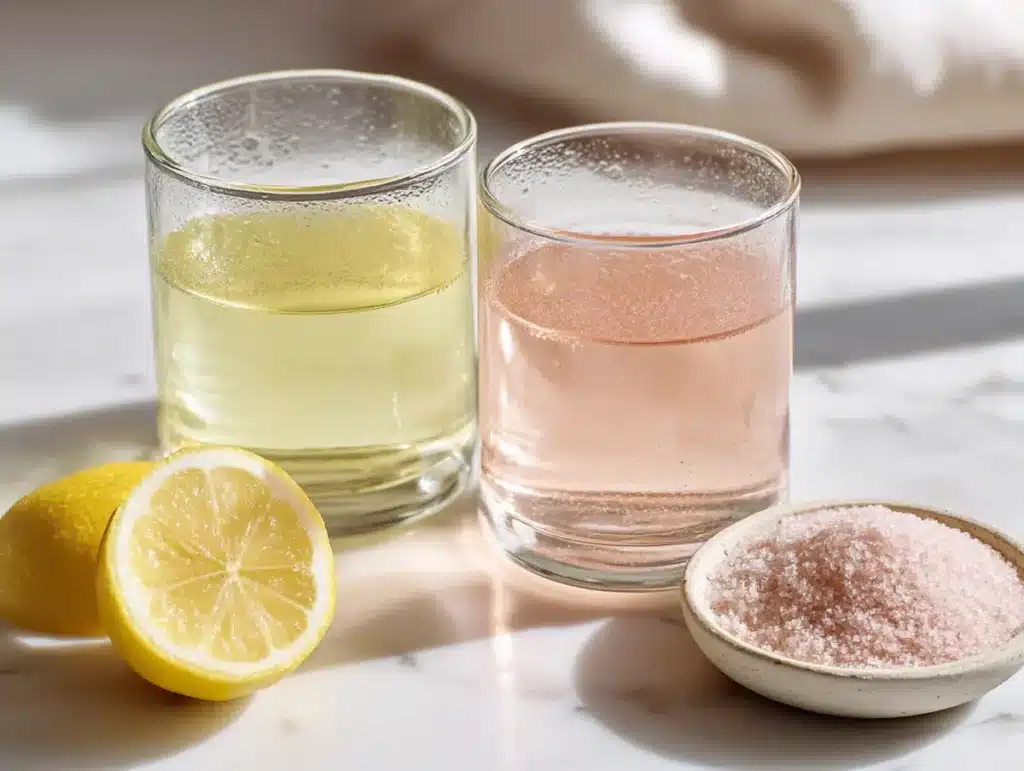 Gelatin ozempic recipe versus pink salt trick two drinks side by side on white marble