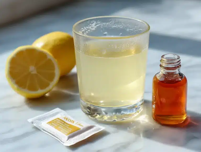 Clear glass of gelatin ozempic recipe drink with lemon and ACV on white marble