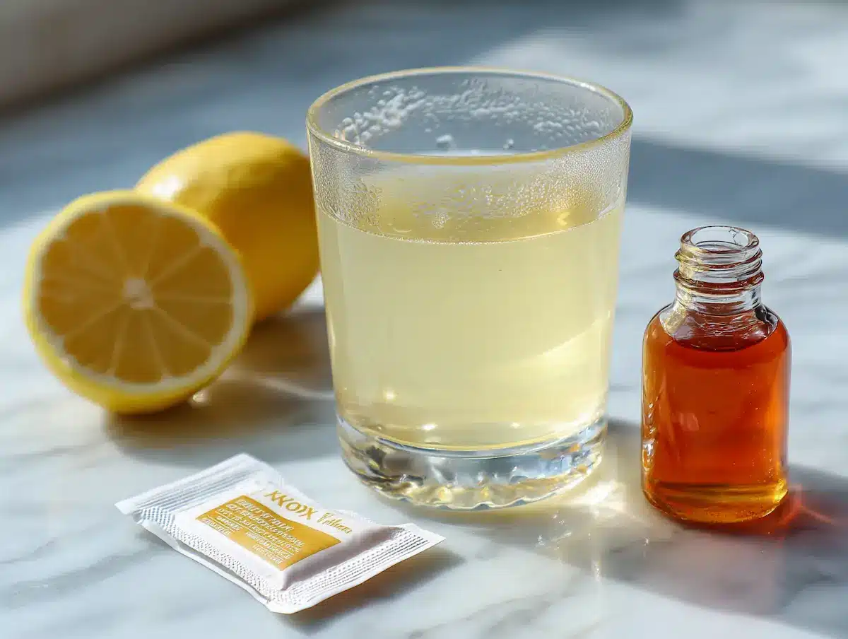 Clear glass of gelatin ozempic recipe drink with lemon and ACV on white marble