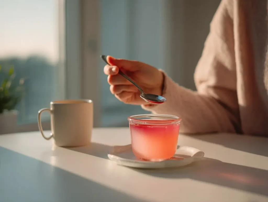 Person sitting at table with lipojaro jello cup and warm drink