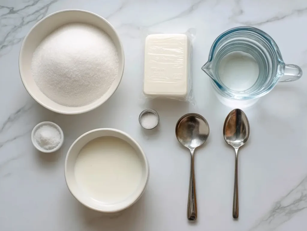 Ingredients for lipojaro jello laid out on marble including jello box, gelatin, water, yogurt