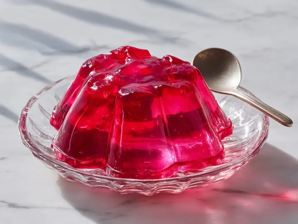 Large dish of pink jello with oversized spoon hinting at overeating