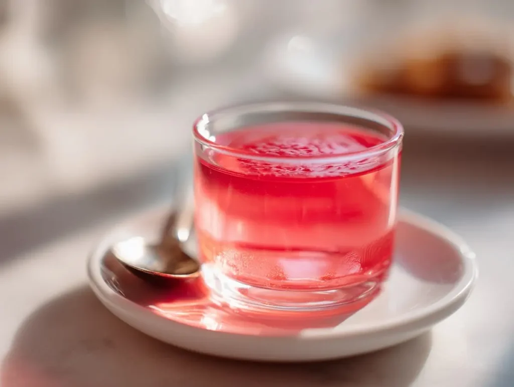 Single cup of lipojaro jello with spoon, ready to eat before dinner