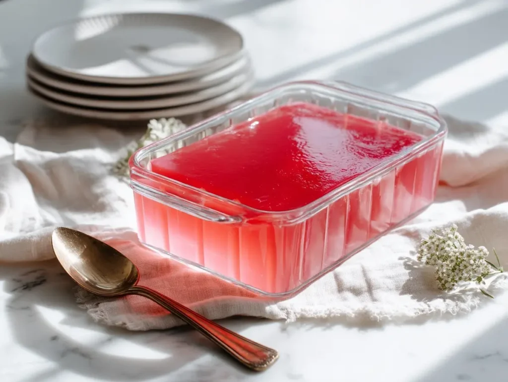 Rectangular glass dish of firmly set pink jello on marble