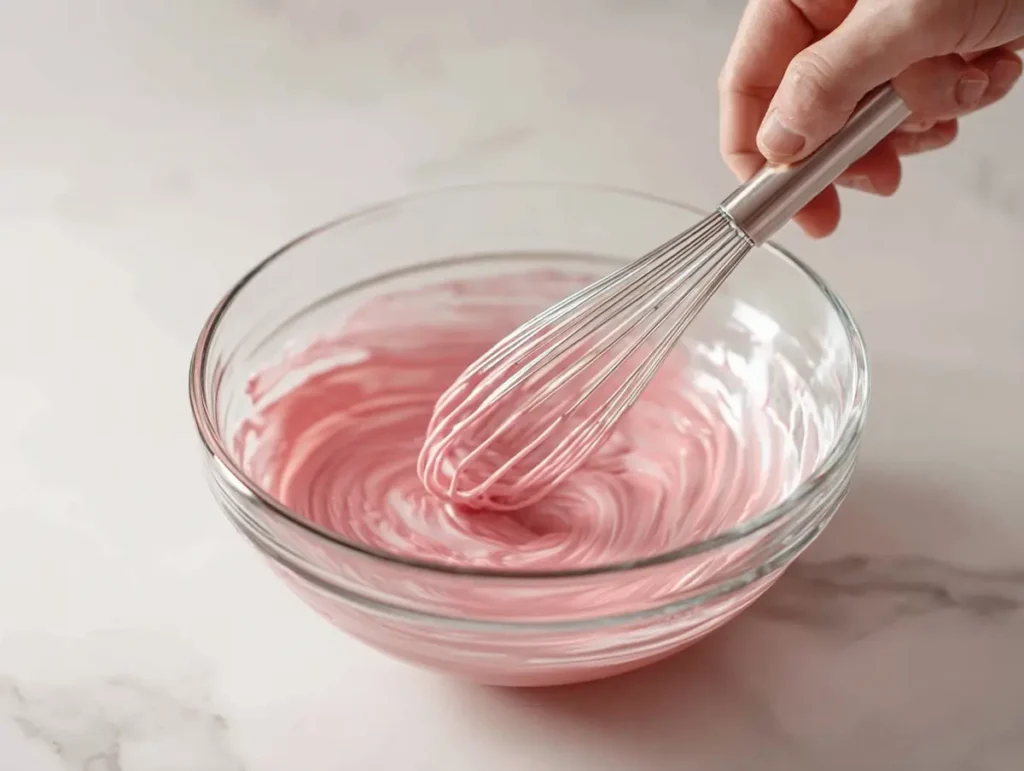 Hand whisking pink gelatin mixture in a glass bowl on marble