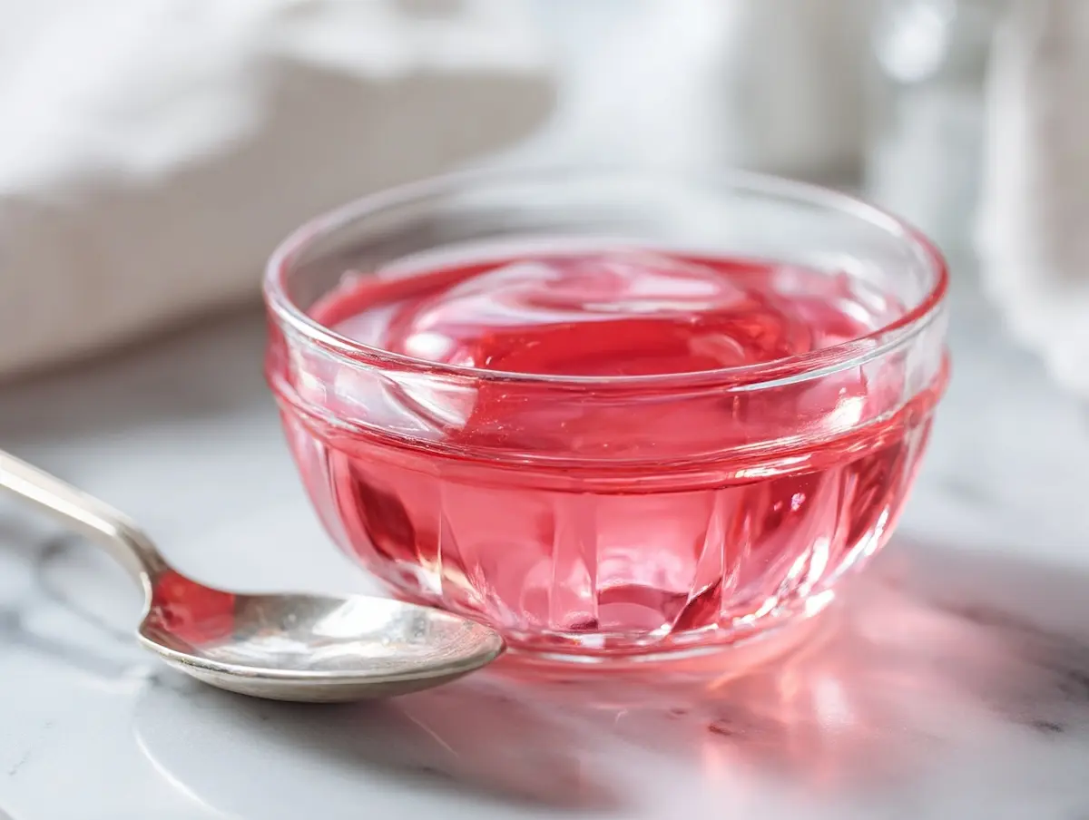 Glass bowl of pink lipojaro jello topped with spoon on white marble