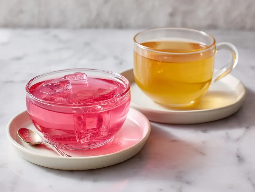 Bowl of pink jello beside glass of warm gelatin drink on marble