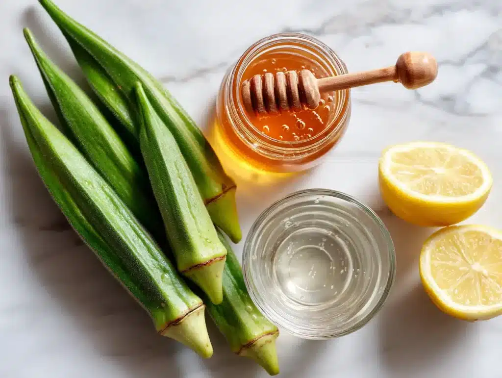 Okra water ingredients laid out on white marble including fresh okra lemon and raw honey