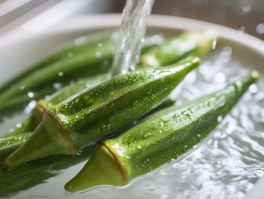 Washing fresh okra pods under cold water before making okra water