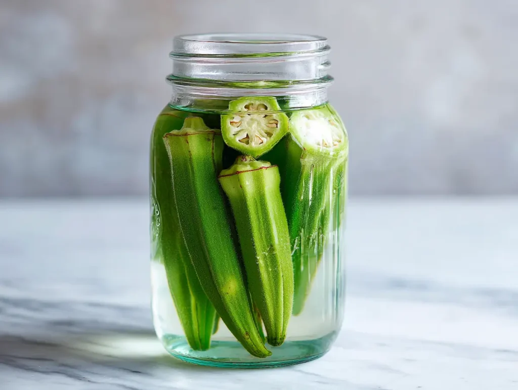 Okra pods soaking overnight in a glass mason jar of filtered water