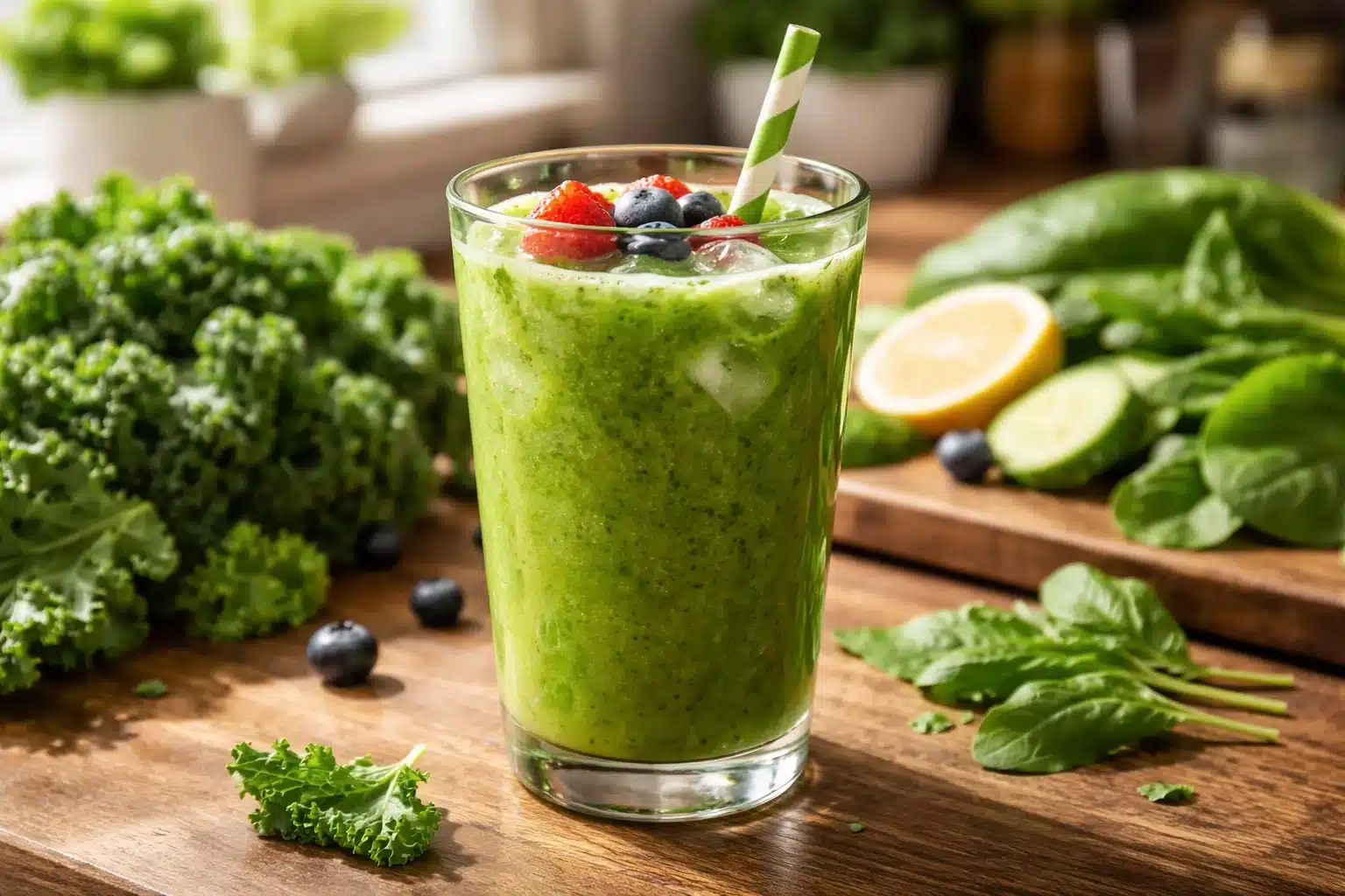 A vibrant hypernourishment green smoothie weight loss protocol drink on a kitchen counter ready for breakfast.