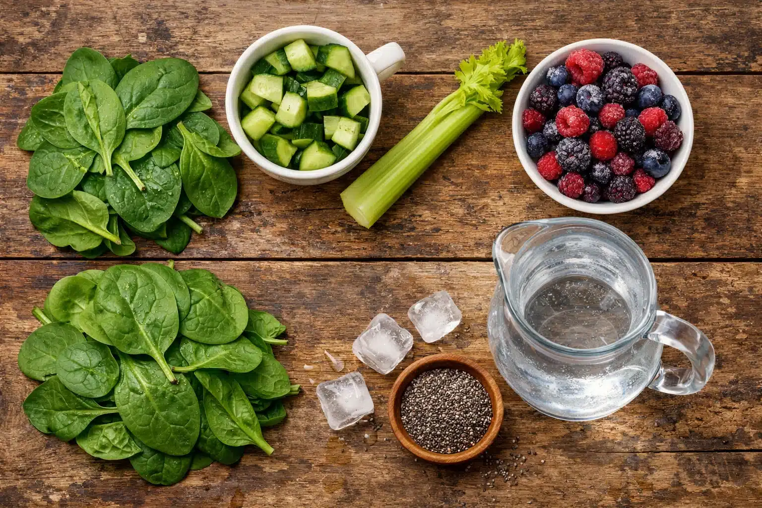 Fresh spinach, cucumber, and berries laid out as ingredients for the hypernourishment green smoothie weight loss protocol.