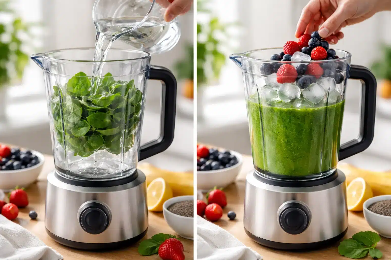 Pouring a thick and creamy hypernourishment green smoothie weight loss protocol mixture from a blender into a glass.
