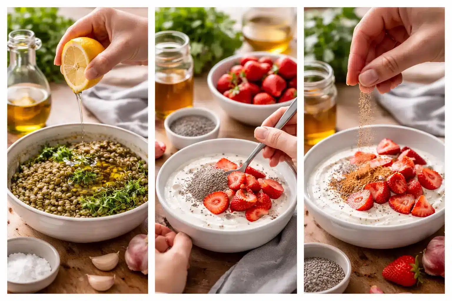 Tossing fresh green arugula and spinach with dressing