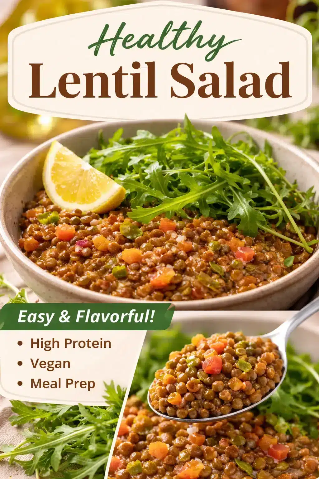 A beautiful completed lentil and salmon bowl topped with chia seeds