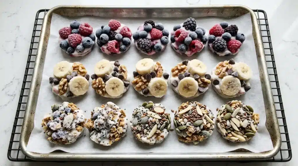 Full Tray of Frozen Yogurt Clusters Meal Prep full tray of frozen yogurt clusters meal prep three variations on white parchment