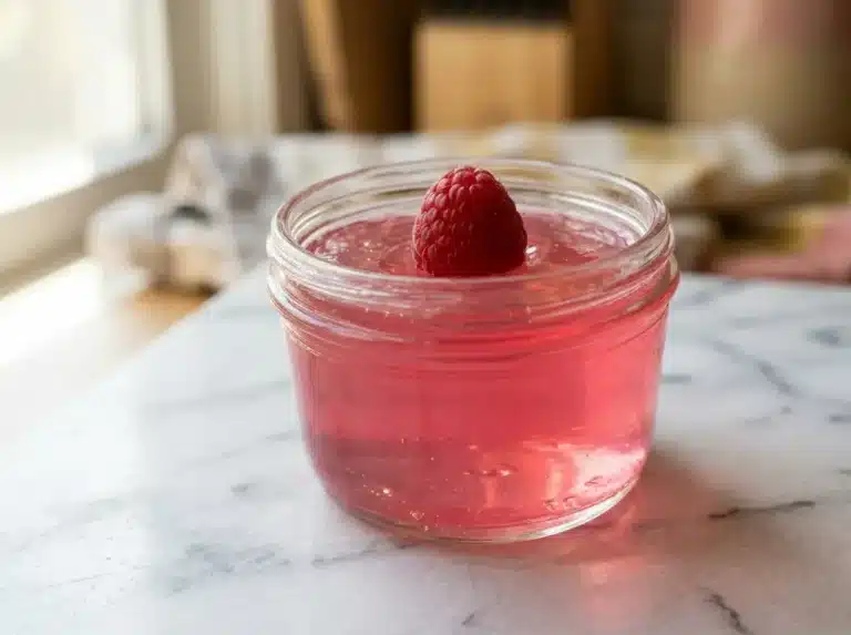 Vibrant pink gelatin in a clear glass on marble for the Dr. Oz pink gelatin trick recipe.