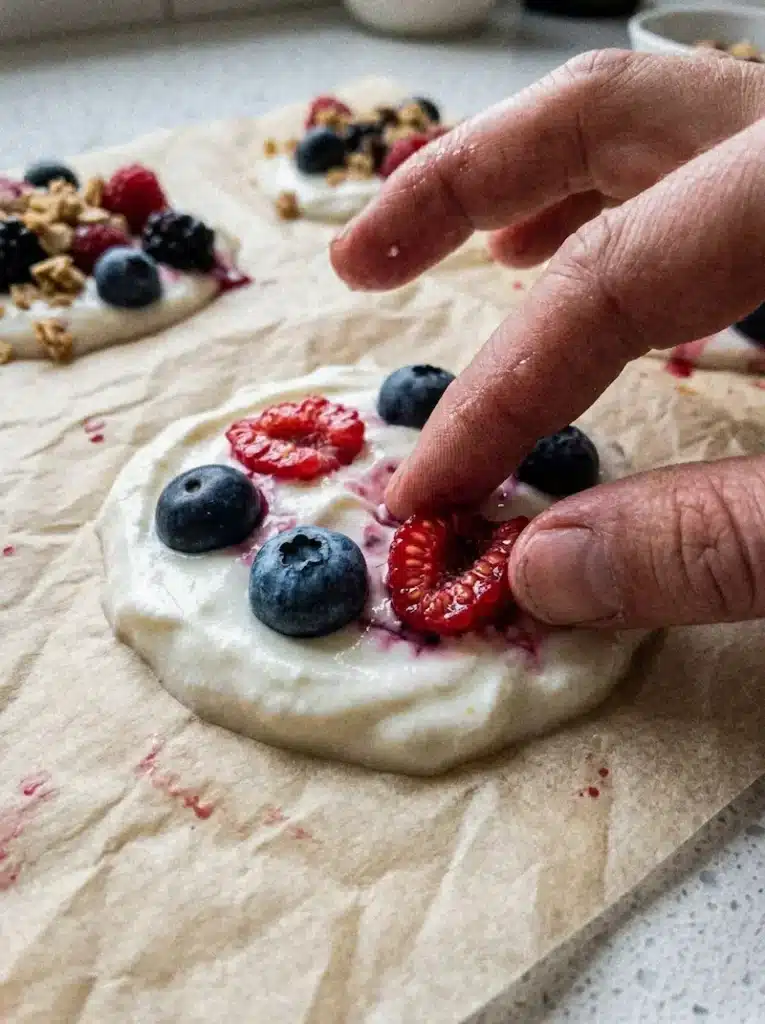 Pressing Fruit Toppings Into Yogurt Clusters pressing blueberries and raspberries into Greek yogurt discs to make yogurt clusters