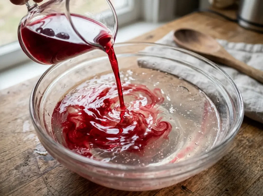 Step 2: Dissolving Whisking bloomed gelatin into hot water for the dr oz pink gelatin trick recipe.