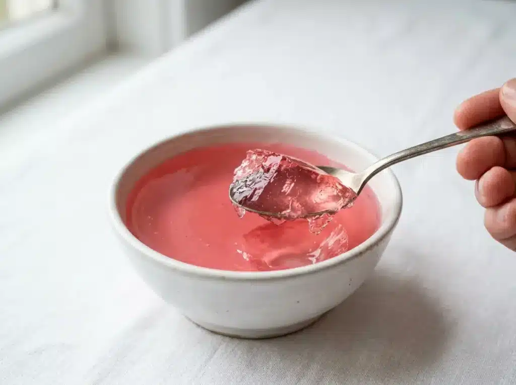 Step 3: The Pink Base Pouring cranberry juice into gelatin for the dr oz pink gelatin trick recipe.