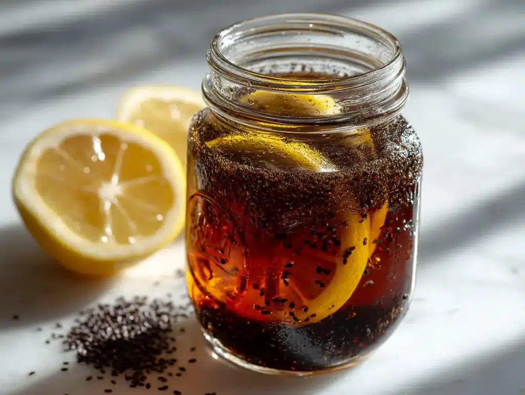 Black seed bitters cold infusion in sealed glass mason jar on white marble