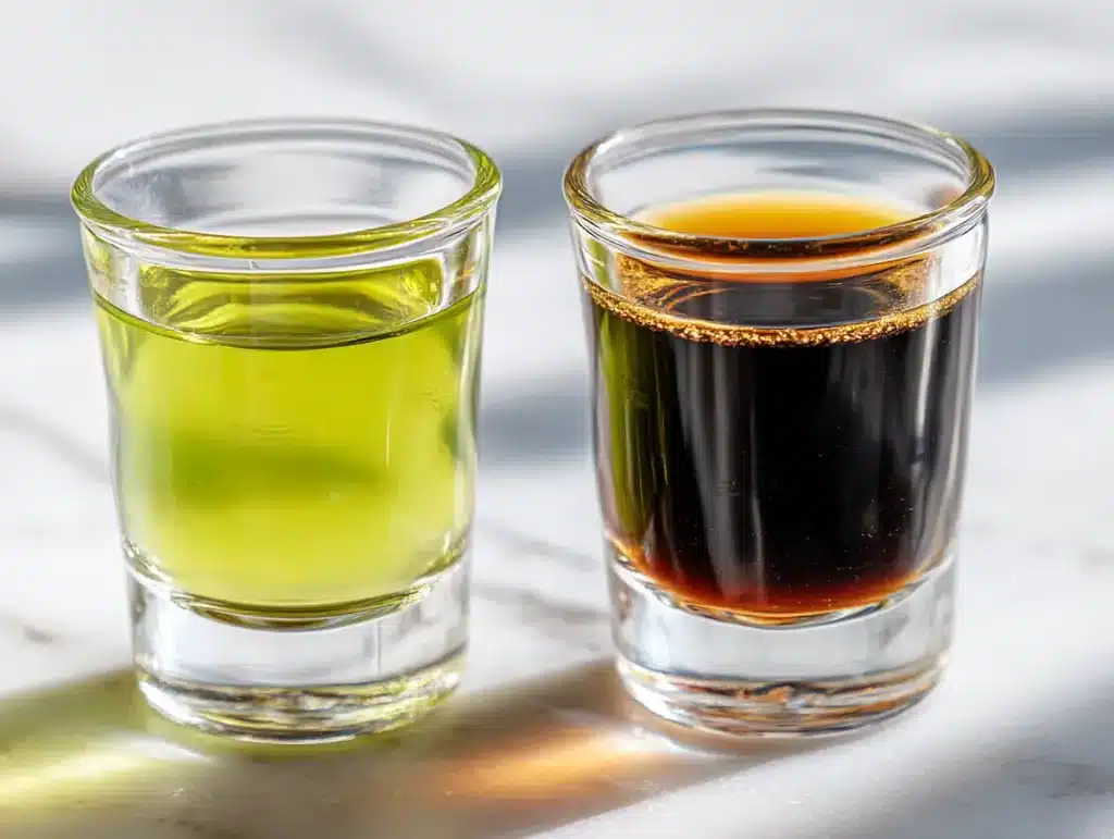 Soursop bitters and black seed bitters gut cleanse drink side by side in two shot glasses