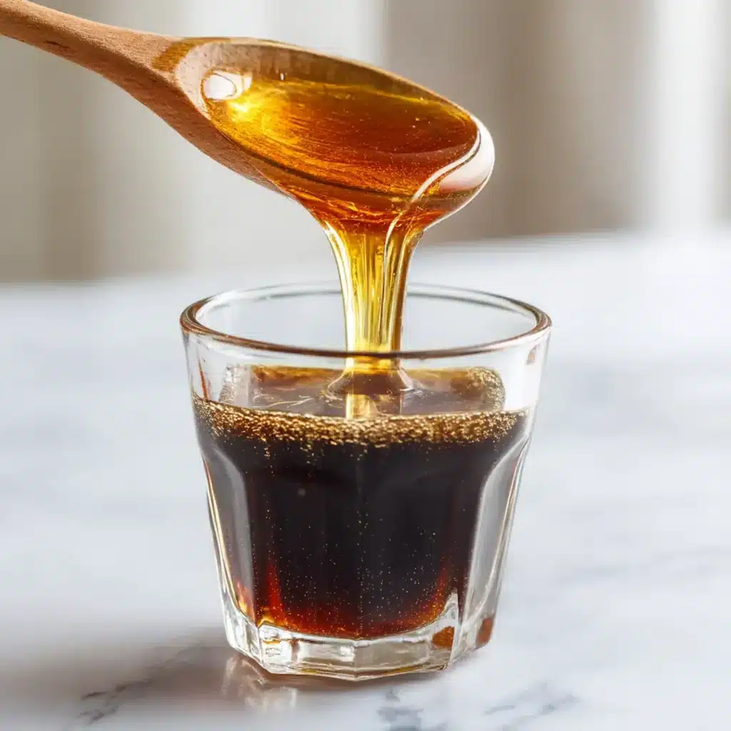 Raw honey drizzling from spoon into dark amber black seed bitters gut cleanse drink